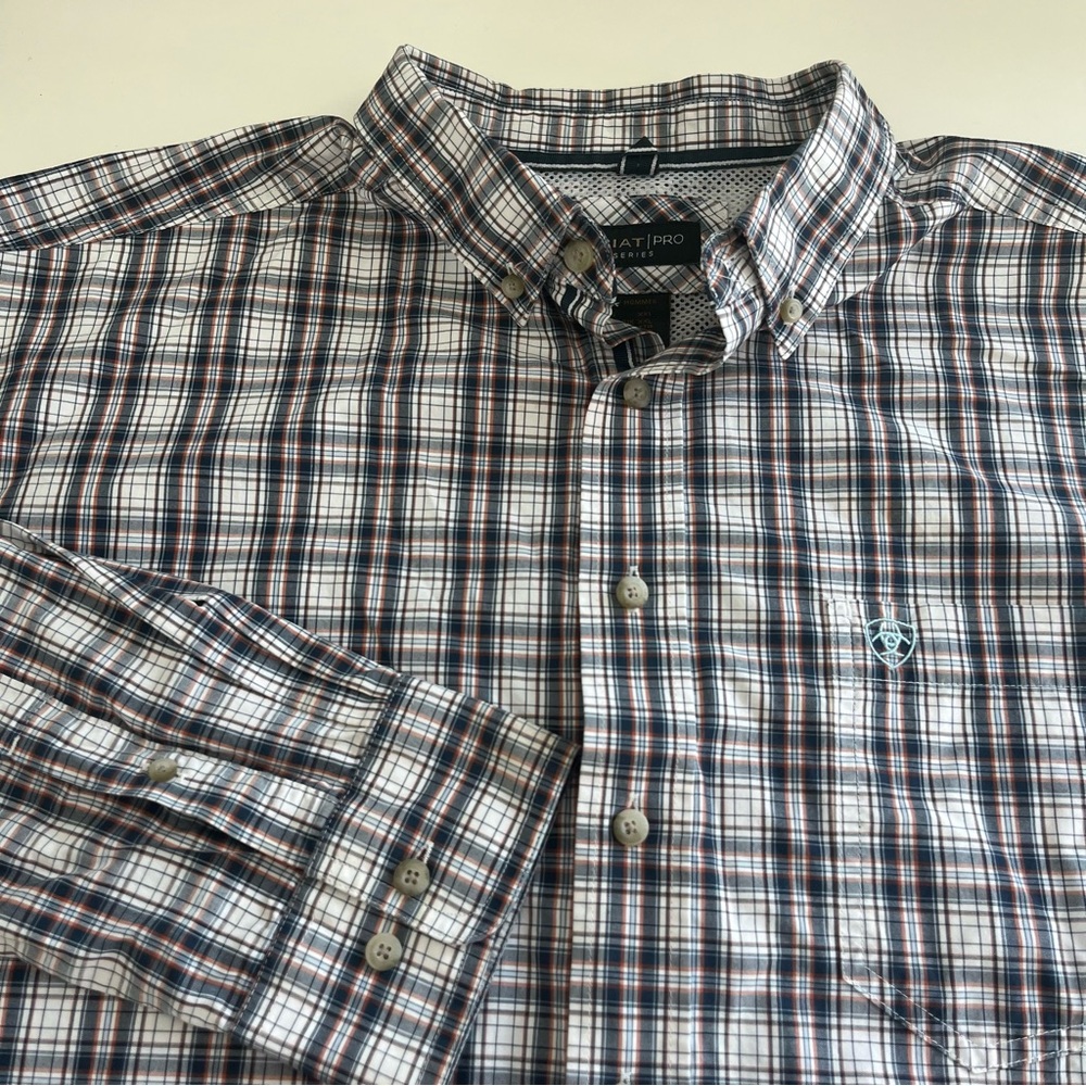 Ariat Pro Series Men’s Blue‎ Orange Plaid Long Sleeve Button Down XXL